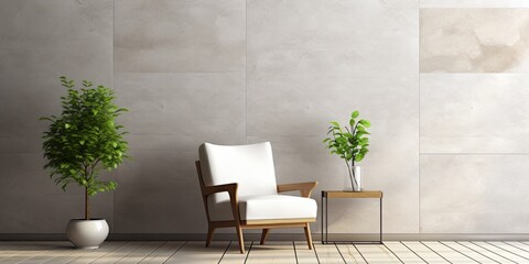 Sticker - White chair and plant in room, interior decor, grey stone wall, frame and carpet design.