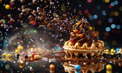 Wall Mural - Waffles with chocolate in top with explosion of lights and colors on the background