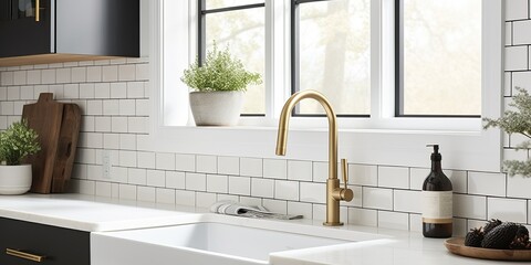 No labels on sink in a modern farmhouse kitchen with a gold faucet, black sink, white granite, and tiled backsplash.