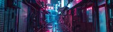 Fototapeta Uliczki - A narrow alleyway bathed in the glow of neon signs and lights, capturing the atmospheric essence of a bustling Asian city at night.