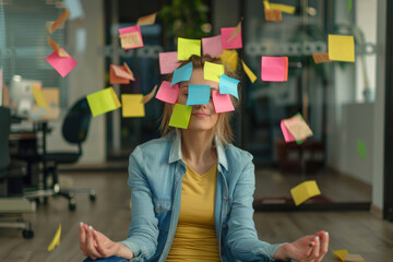 Canvas Print - business woman or busy corporate employee with post it notes on face practising stress management