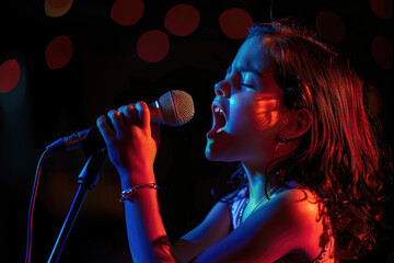 Wall Mural - girl kid singing with a mic