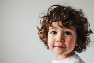 portrait of a cute little boy with curly hair on a gray background