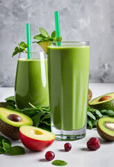 Close up of healthy green smoothie and juice