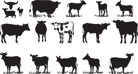 Wall Mural - Collection of silhouettes of farm animals on white background