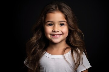 Wall Mural - Portrait of a cute little girl smiling at the camera over black background