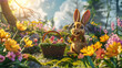 Happy Easter background with easter bunny, easter eggs, easter basket and flowers scene. AI Generated