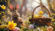 Happy Easter background with easter bunny, easter eggs, easter basket and flowers scene. AI Generated
