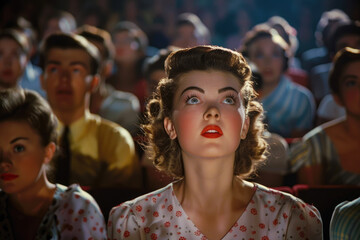 Wall Mural - Movie audience with a young caucasian american woman central, with 1950s style