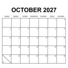 october 2027 calendar. week starts on sunday. printable, simple, and clean design. calendar vector design.