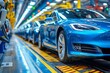 Shiny new cars lined up in an automotive plant, reflecting an efficient assembly line under bright factory lights. Conveyor belt showcasing a lineup of electric blue vehicles ready for distribution,