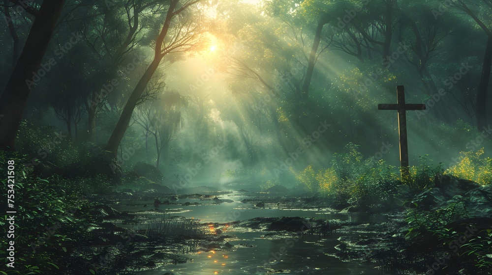 Sunlight Streaming Through Forest Trees with a Cross, To convey a sense ...
