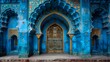 Intricate Blue Islamic Building with Gold Accents and Arched Doorways, To showcase the beauty and intricacy of Islamic architecture and design, and