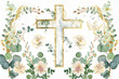 Graphic Easter Cross spring floral arrangements, baptism crosses for DIY invitations, eucalyptus greenery wedding golden frames, foliage, and symbols of the Holy Spirit and religious motifs.