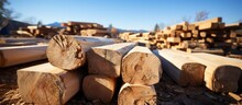 pile of wood on new house construction site, with built house, residential house concept