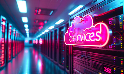 Poster - neon cloud services sign floating over a server room filled with data racks, symbolizing modern clou