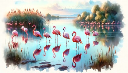 Wall Mural - Watercolor of flamingos at a lake