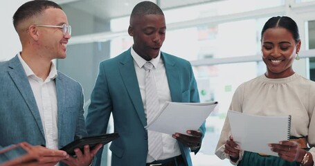 Aufkleber - Documents, teamwork and technology with group of business people in office for discussion or planning. Collaboration, diversity or meeting with man and woman employee team talking in workplace