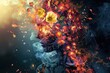 Digital artwork illustration of a shattered human form being engulfed by flames, with vibrant flowers blooming from within, representing the resilience of the human spirit in the face of adversity