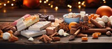 Kinder chocolate with nougat and festive decorations on wooden table