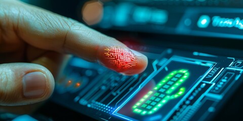 Aufkleber - Biometric Identification in a High-Tech Future: A Finger Glows with Intricate Circuit Patterns Signaling Advanced Security Technology, Generative AI