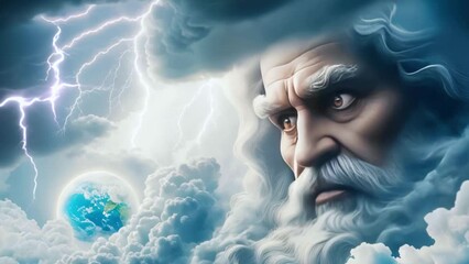 Wall Mural - Christian god in clouds against background of heaven, lightning and the earth, world creation, Generative AI,