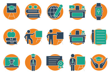 Wall Mural - education icons. teacher, teacher desk, graduation hat, pencil and notepad, book, student. set of icons related to education. flat line icon style. navigation vector illustration