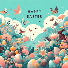 Sticker - Happy easter card background with easter eggs, butterfly and spring flower background