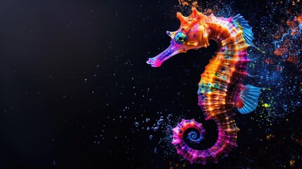 Wall Mural - Aquatic animals seahorse that swim majestically in oceans and seas. Painted with paint splash technique. Isolated black background. Also for T-shirt printing pattern. Generative AI