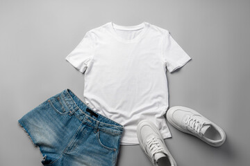 Poster - T-shirt, jeans and white sneakers on gray background top view