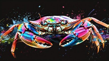 Wall Mural - Aquatic animals crab that swim majestically in oceans and seas. Painted with paint splash technique. Isolated black background. Also for T-shirt printing pattern. Generative AI