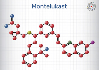 Poster - Montelukast drug molecule. It is used in the  treatment of asthma. Molecule model. Sheet of paper in a cage