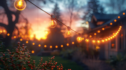 Poster - Hanging decorative christmas lights for a back yard party.