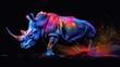 Terrestrial prey, rhino herbivorous animals. They are very cute and lovable. Painted with paint splash technique. Isolated black background. Also for T-shirt printing pattern. Generative AI