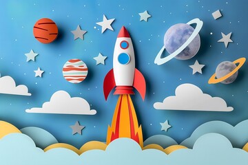 Wall Mural - A paper cut out of rocket ship flying through a celestial sky with planets, stars, and the moon