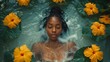 Tranquil African woman with hibiscus in water, a serene aquatic scene.