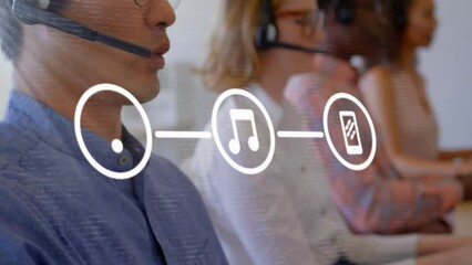 Poster - Animation of network of connections with icons over diverse colleagues using phone headsets
