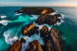 Spectacular drone photo, top view of seascape ocean wave crashing rocky cliff with sunset at the horizon as background. Beautiful coastal scenic landscape with turquoise water beating rocky boulder