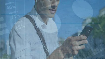 Poster - Animation of data processing and diagrams over biracial casual businessman using smartphone