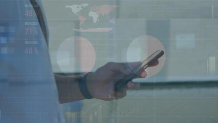 Poster - Animation of data processing and diagrams over biracial casual businessman using smartphone