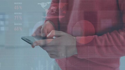 Poster - Animation of data processing and diagrams over biracial casual businessman using smartphone