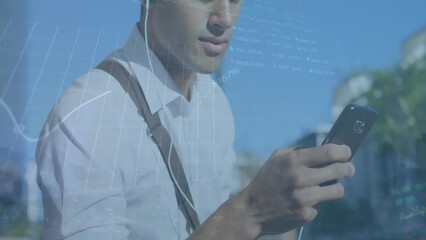 Poster - Animation of data processing and diagrams over biracial casual businessman using smartphone