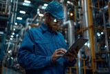 Fototapeta  - Professional engineer in cyan jumpsuit using a tablet inside industrial plant