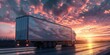 cargo trailer, truck on highway at sunset