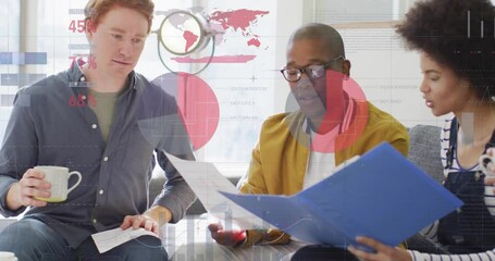 Poster - Animation of data processing and diagrams over diverse colleagues discussing work