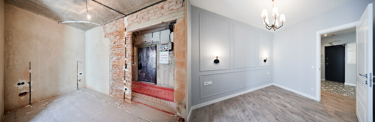 Wall Mural - Photo collage of apartment room before and after restoration or refurbishment. Old room with doorway and new renovated living room with parquet floor and elegant interior design.