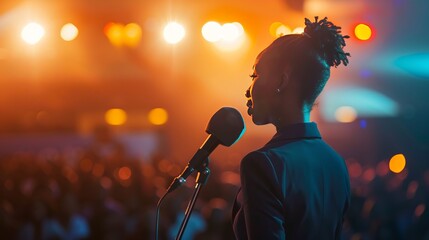 Sticker - African Woman Speak as Speaker in front of stage of auditorium with audiences