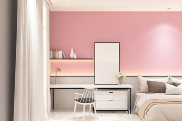 Modern contemporary  bedroom with frame mock up on the wall. Design 3d rendering of pink and light wood. Design print for illustration, presentation, mock up, interior, zoom, background. Set 3