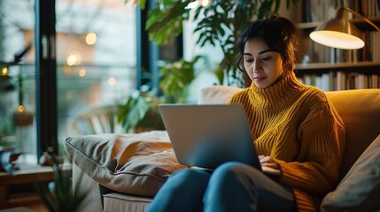 Poster - Women's remote work wellness. Work-life balance for women. A woman using laptop in the coziest place.