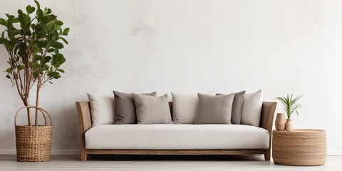 Sticker - Couch and basket in a living room space.